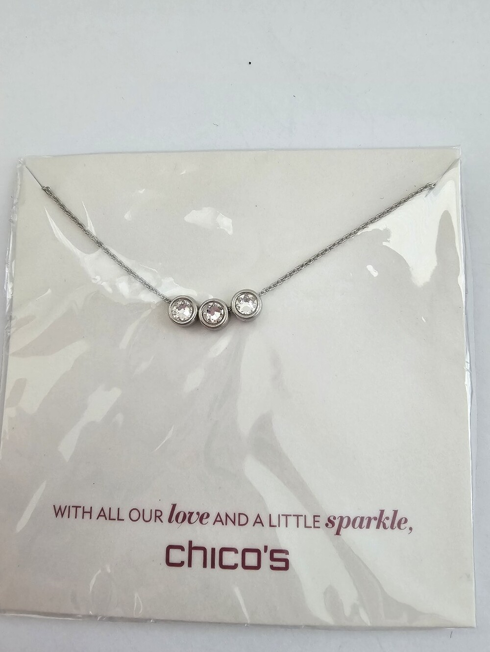 NWT Chico's Silver Tone 3 Crystal Bezel Pendant Necklace, New In Package Dainty